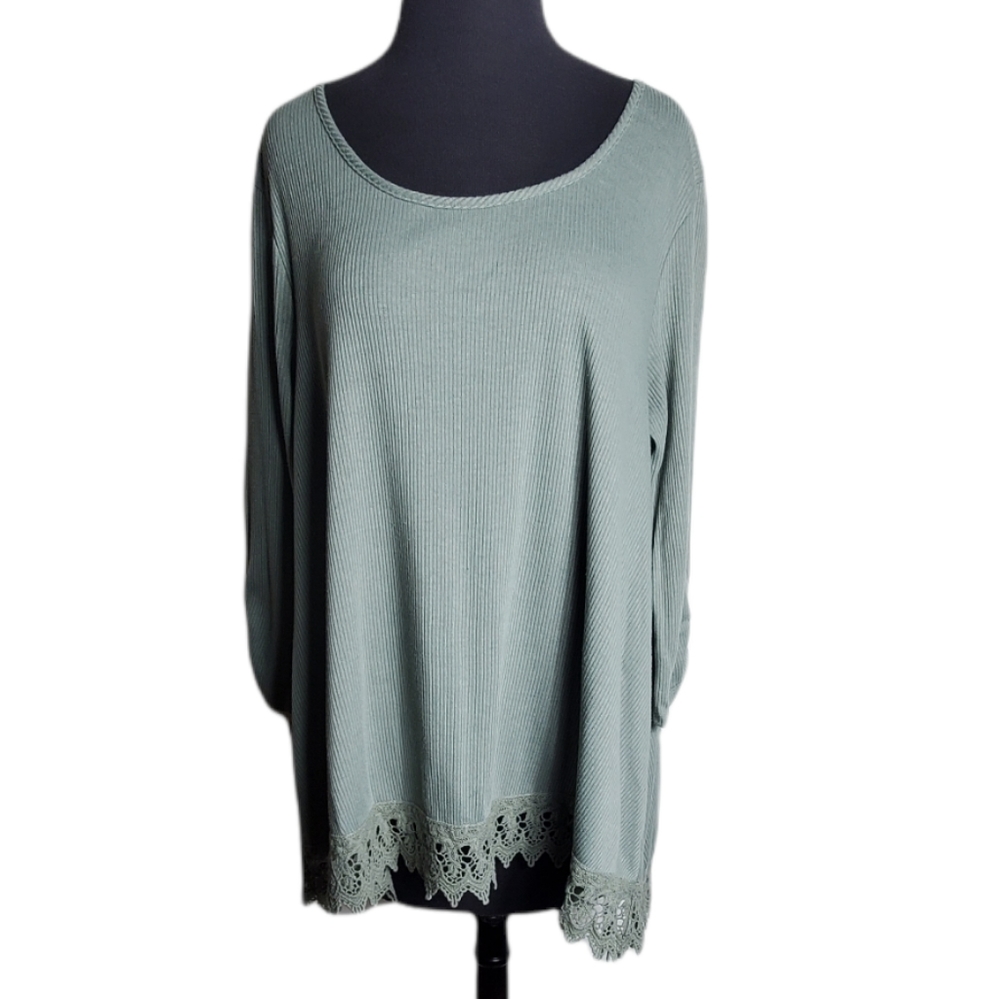 Maurices sage green ribbed lace hem tunic top women's large v back ruched sleeve